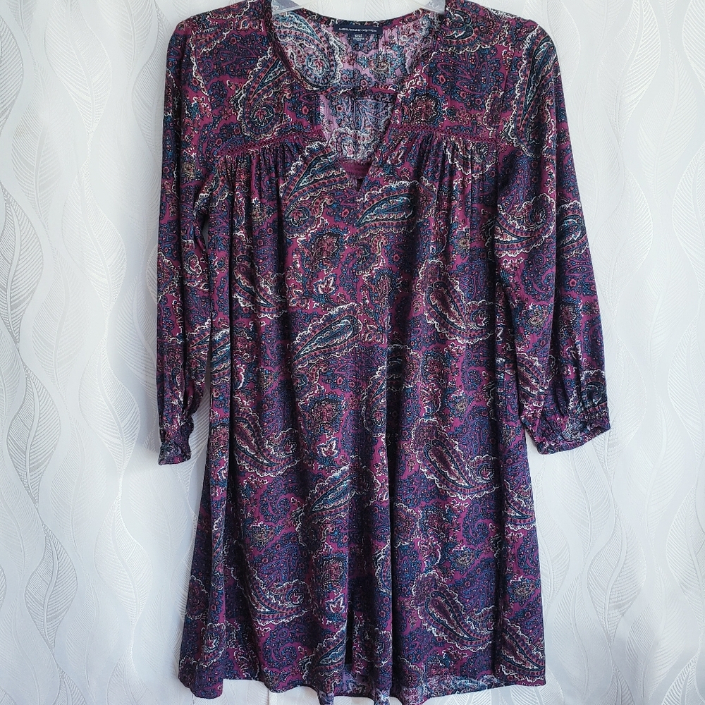 AEO Purple Paisley Boho Keyhole Long Sleeve Mini Dress